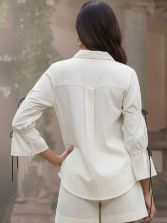 Ivory Floral Tie-Up Sleeve Casual Shirt