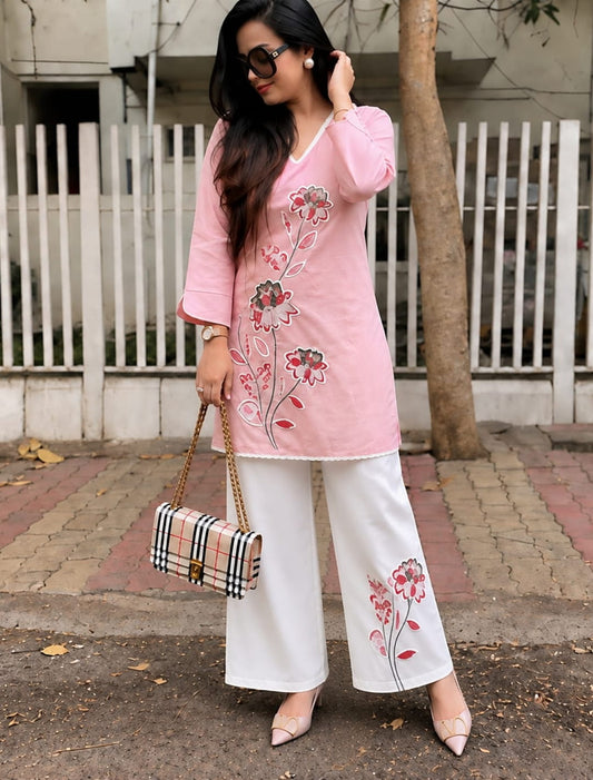 Floral Embroidered Kurta Palazzo Co-ord Set – Pink & Red