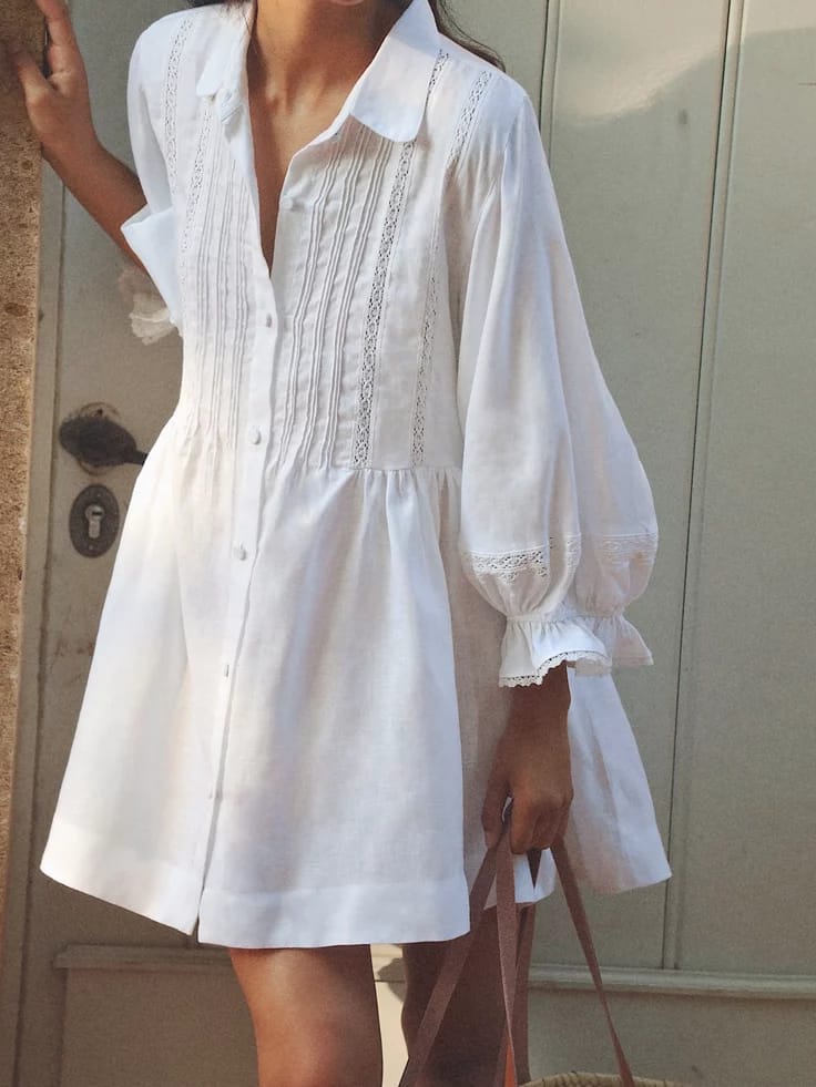 Ivory Lace Detail Premium Linen Shirt Dress