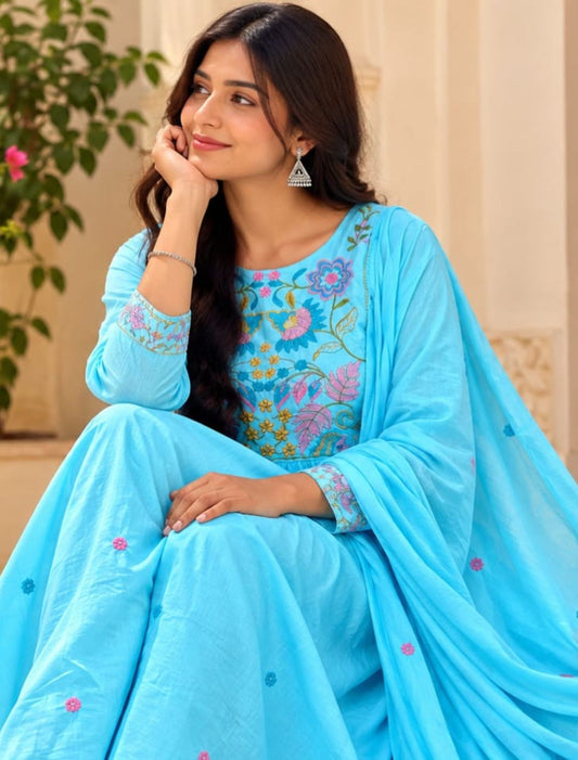 Azure Bloom Embroidered Anarkali Set