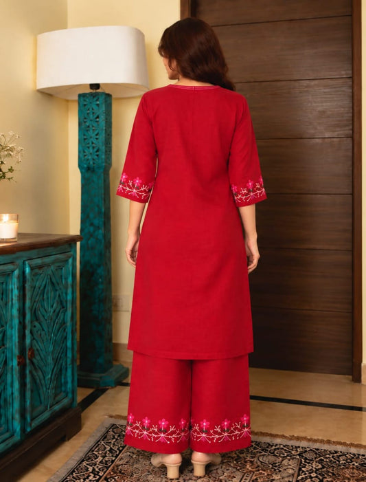 Floral Embroidered Cotton Blend Kurta Palazzo Set