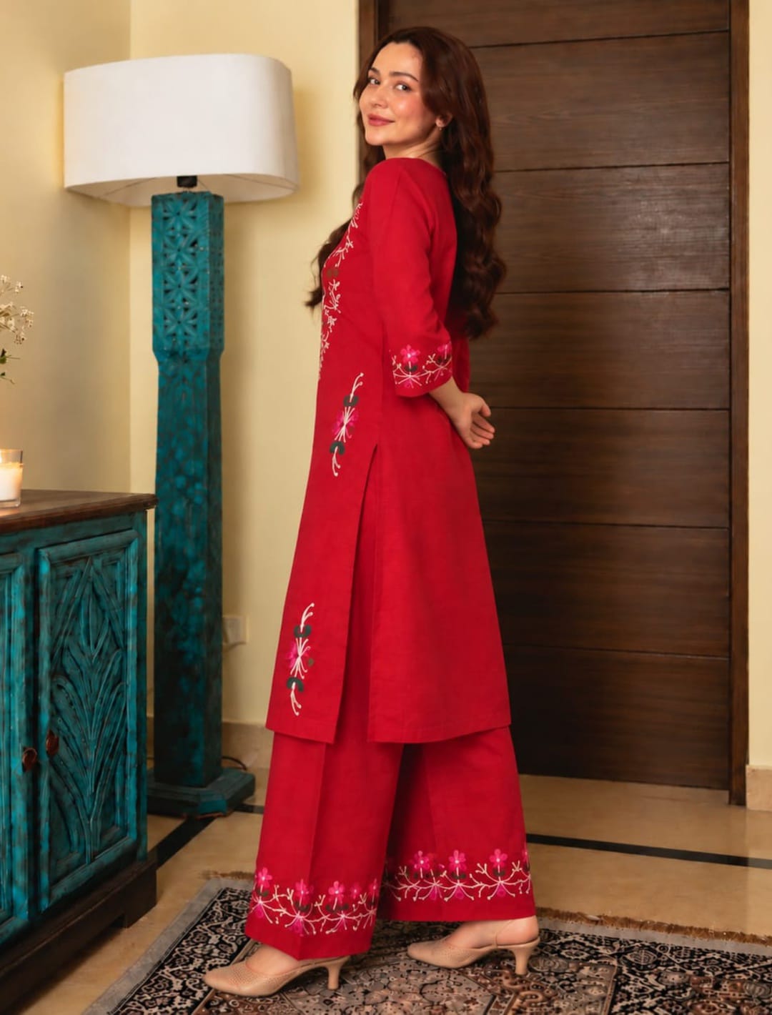 Floral Embroidered Cotton Blend Kurta Palazzo Set