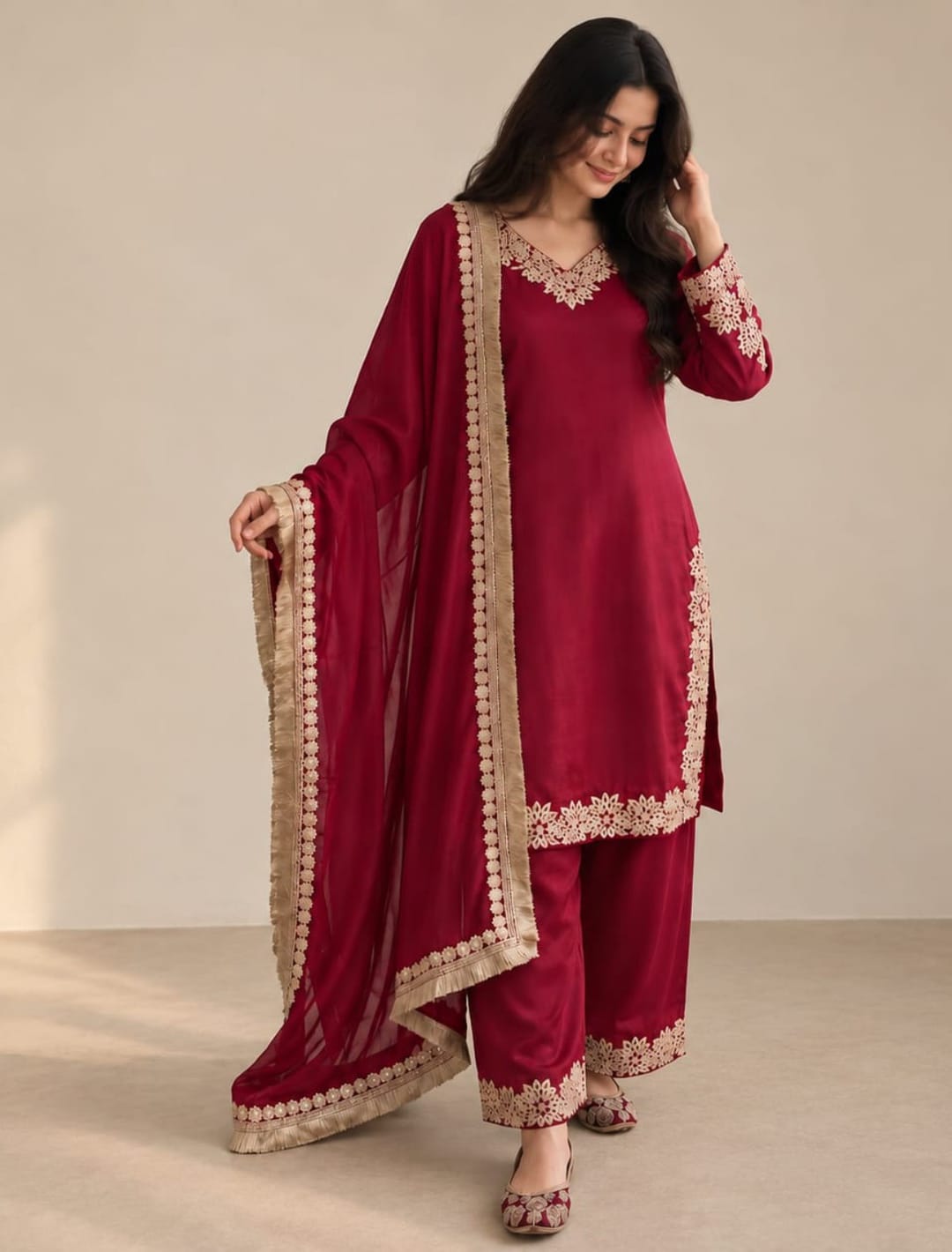 Premium Chinon Silk Lace Kurta Palazzo Set with Dupatta