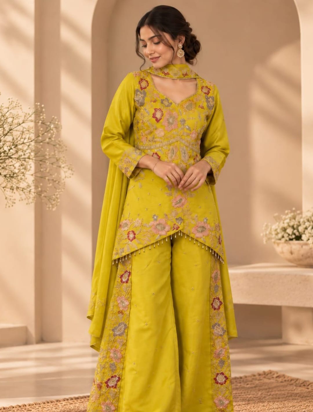 Floral Embroidered Asymmetrical Kurta Sharara Set