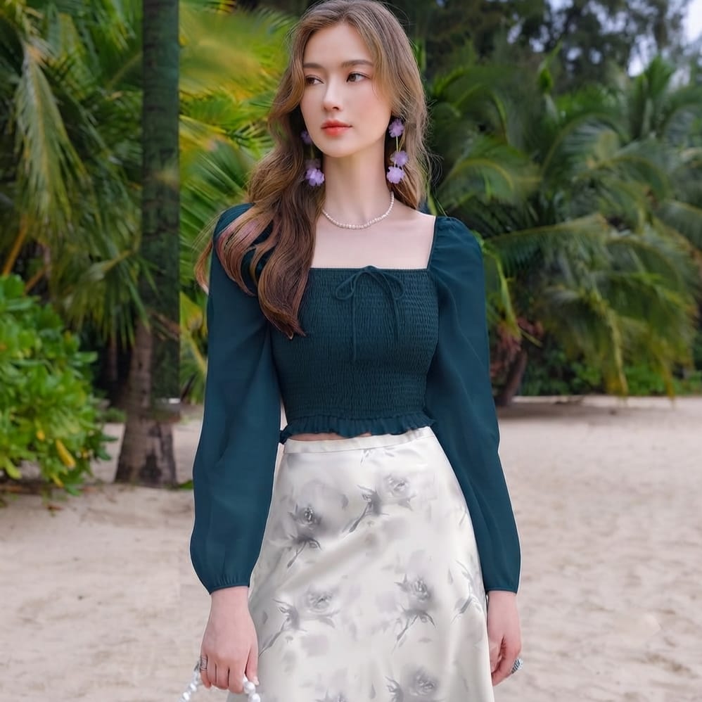 Elegant Square Neck Puff Sleeve Crop Top