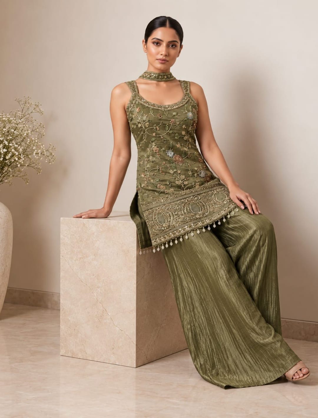 Floral Embroidered Kurti Palazzo Set with Choker Chunni ✨