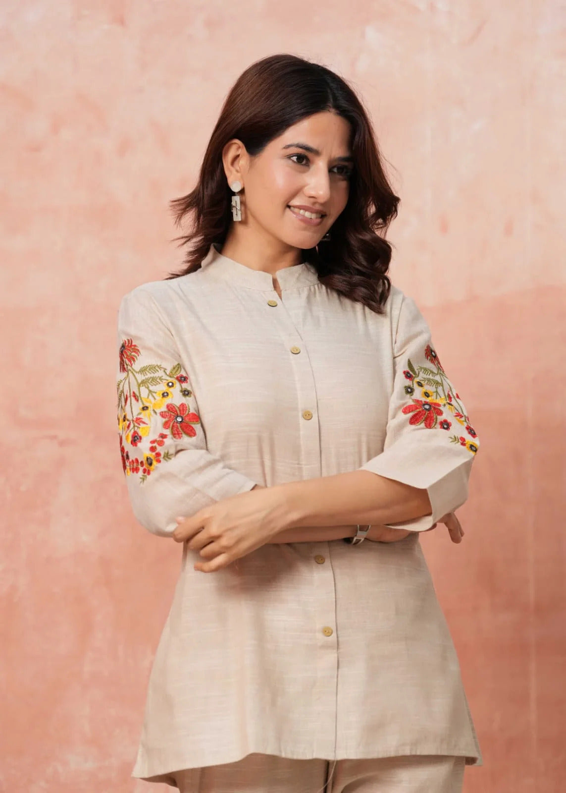 Women Floral Embroidered Pure Cotton Tunic with Trousers