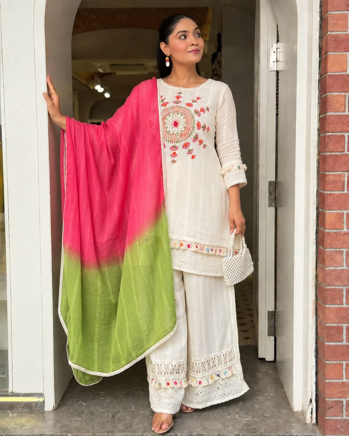Ivory Embroidered Cotton Blend Kurta Palazzo Set with Ombre Dupatta