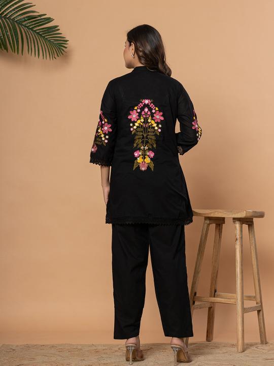 Women Floral Embroidered Pure Cotton Black Tunic with Trousers