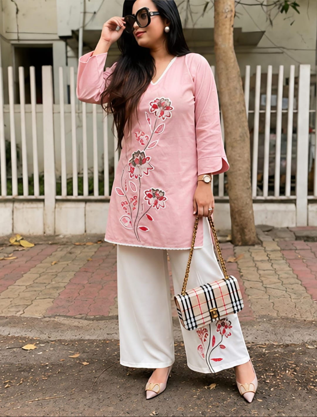 Floral Embroidered Kurta Palazzo Co-ord Set – Pink & Red