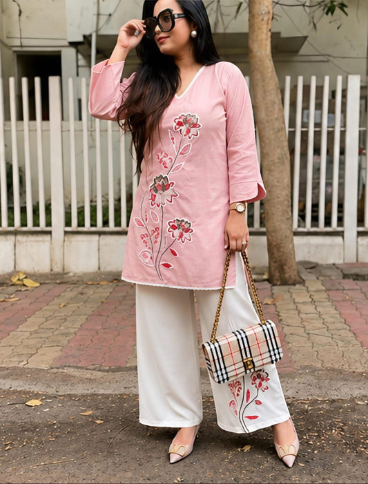 Floral Embroidered Kurta Palazzo Co-ord Set – Pink & Red