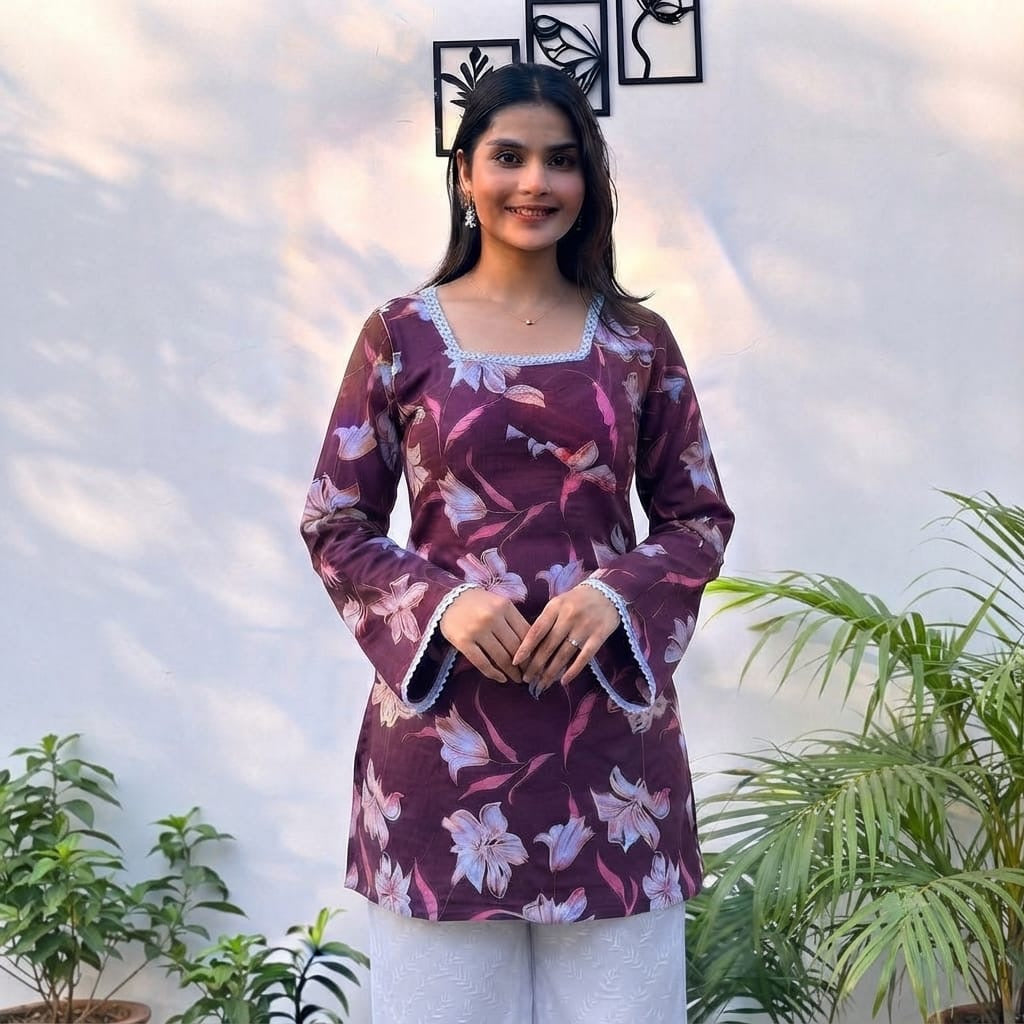 Floral Rayon Straight Kurti with Flared Sleeves