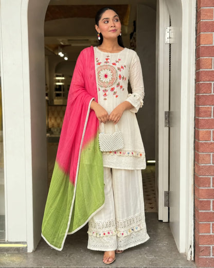 Ivory Embroidered Cotton Blend Kurta Palazzo Set with Ombre Dupatta