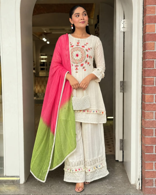Ivory Embroidered Cotton Blend Kurta Palazzo Set with Ombre Dupatta