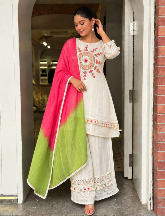 Ivory Embroidered Cotton Blend Kurta Palazzo Set with Ombre Dupatta