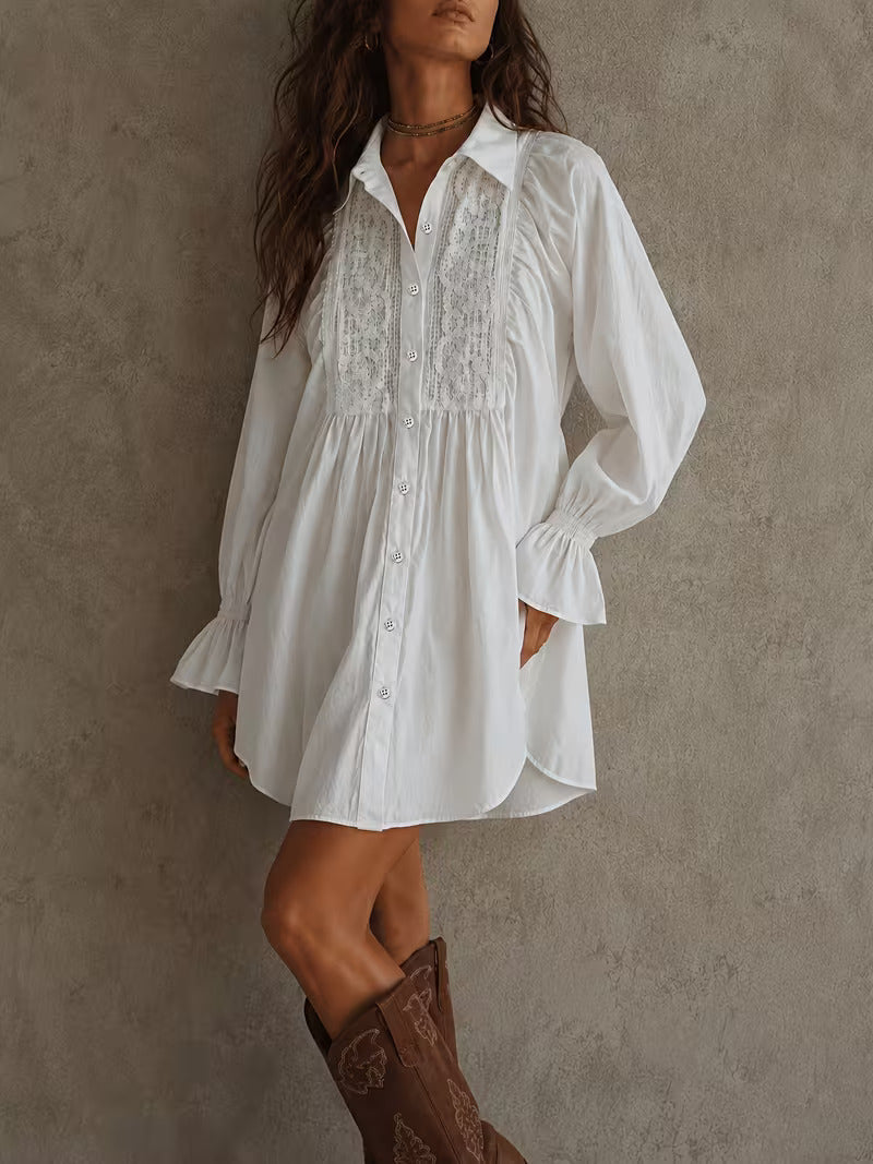 Ivory Lace Detail Premium Linen Shirt Dress