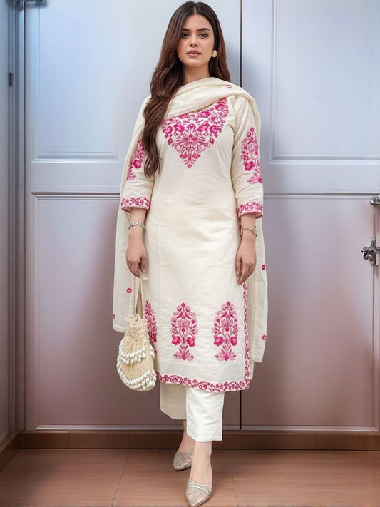 Women's Embroidered Roman Silk Kurta Pant & Dupatta Set