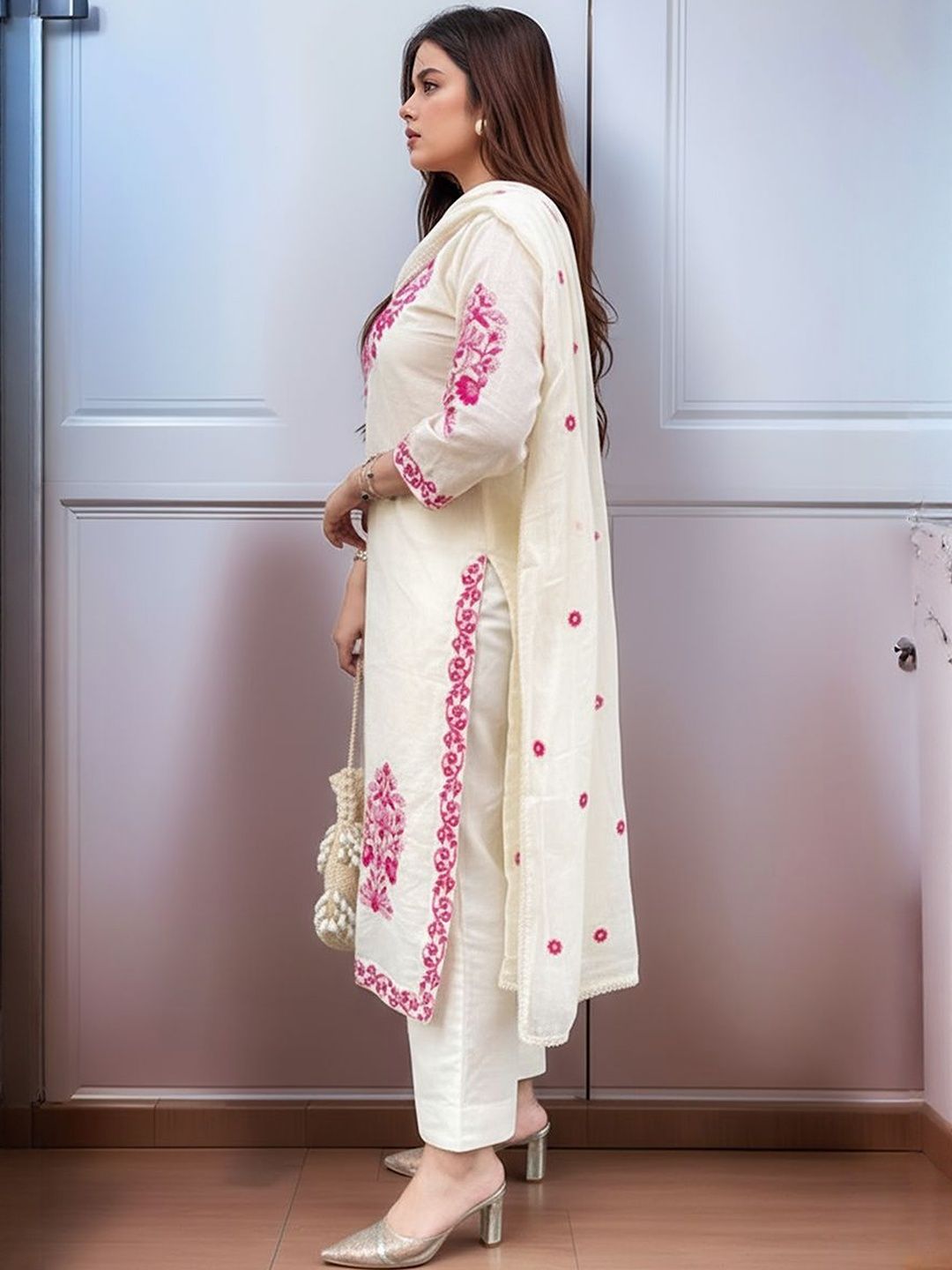 Women's Embroidered Roman Silk Kurta Pant & Dupatta Set
