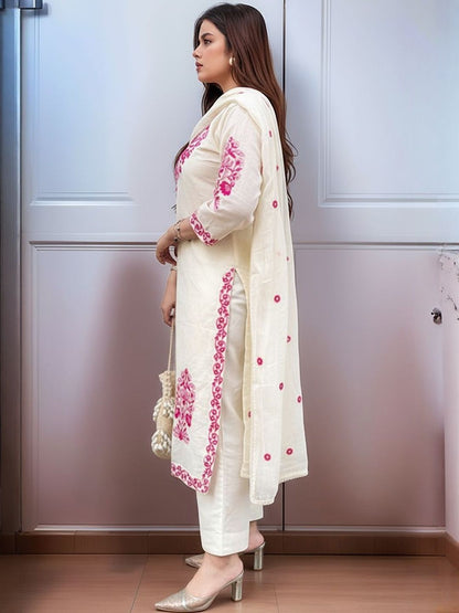 Women's Embroidered Roman Silk Kurta Pant & Dupatta Set