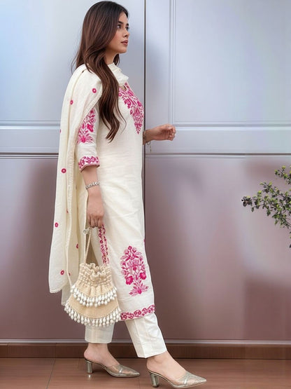 Women's Embroidered Roman Silk Kurta Pant & Dupatta Set