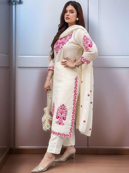 Women's Embroidered Roman Silk Kurta Pant & Dupatta Set