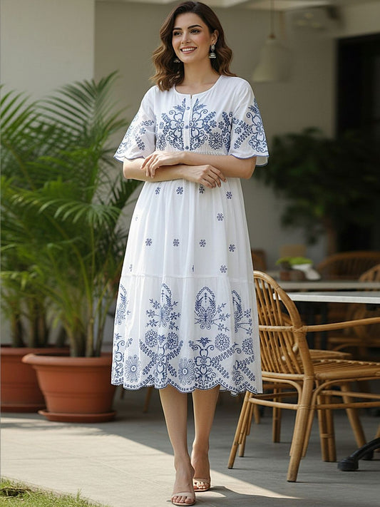 Ivory Blue Embroidered A-Line Cotton Midi Dress