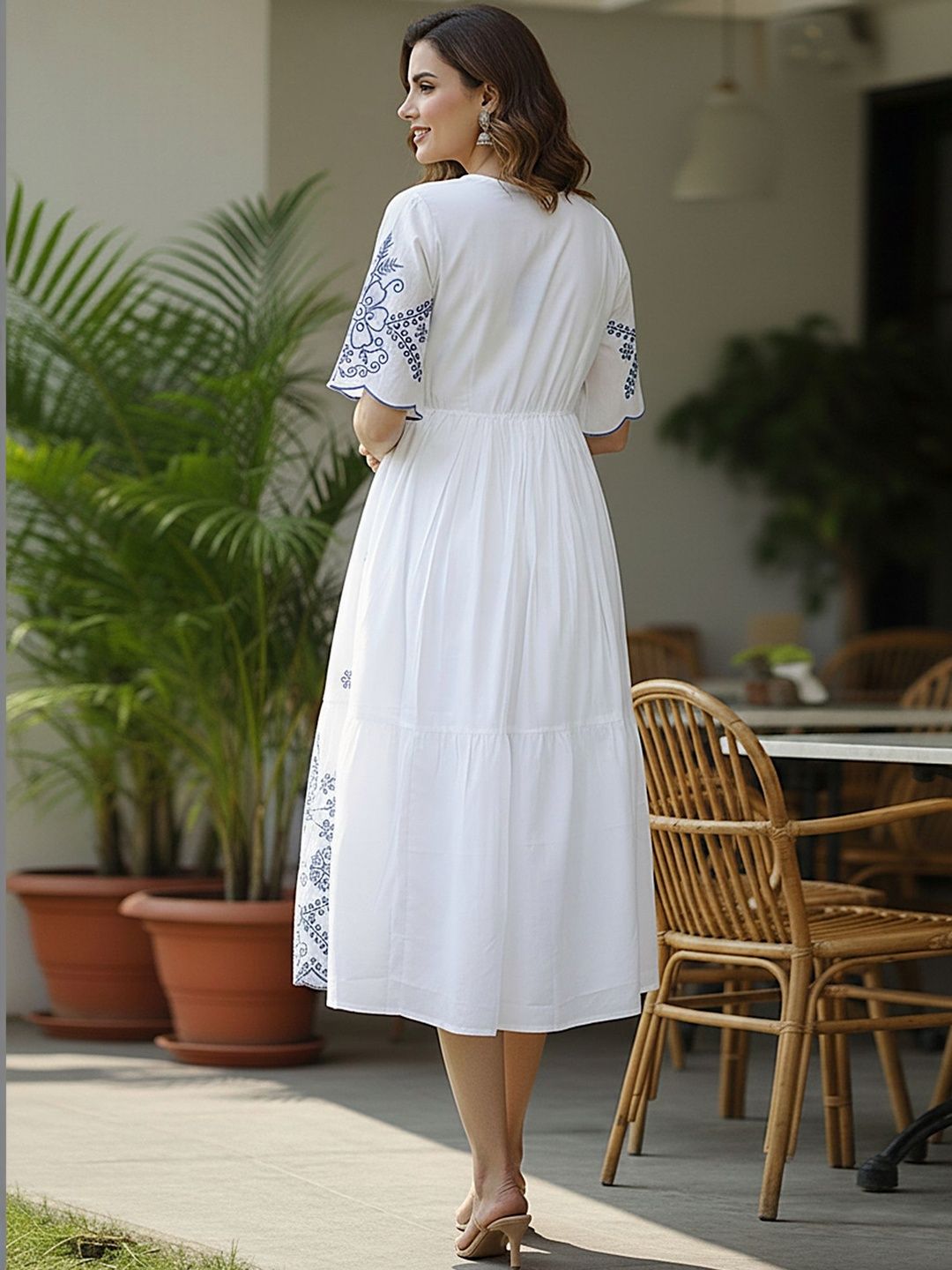 Ivory Blue Embroidered A-Line Cotton Midi Dress