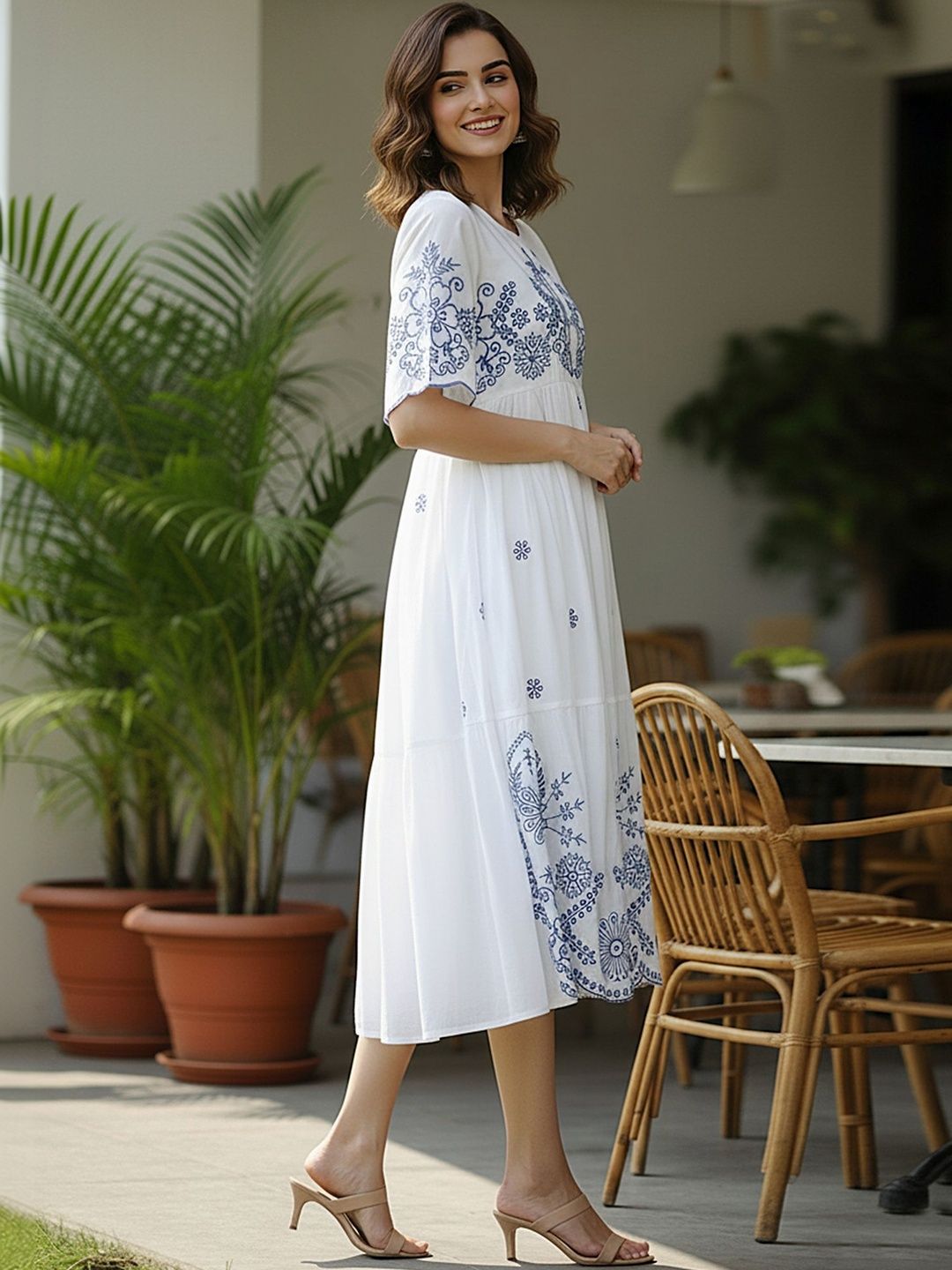 Ivory Blue Embroidered A-Line Cotton Midi Dress