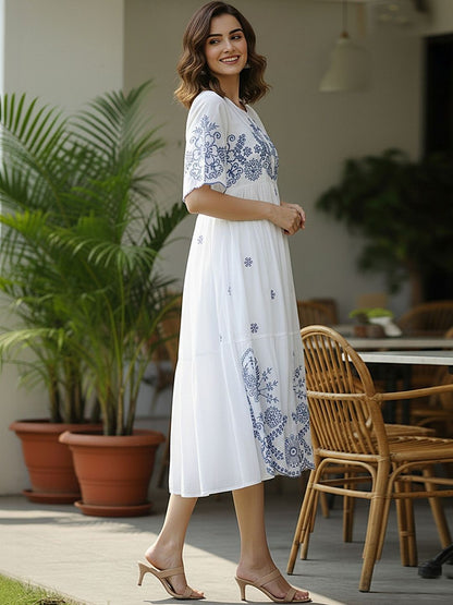 Ivory Blue Embroidered A-Line Cotton Midi Dress