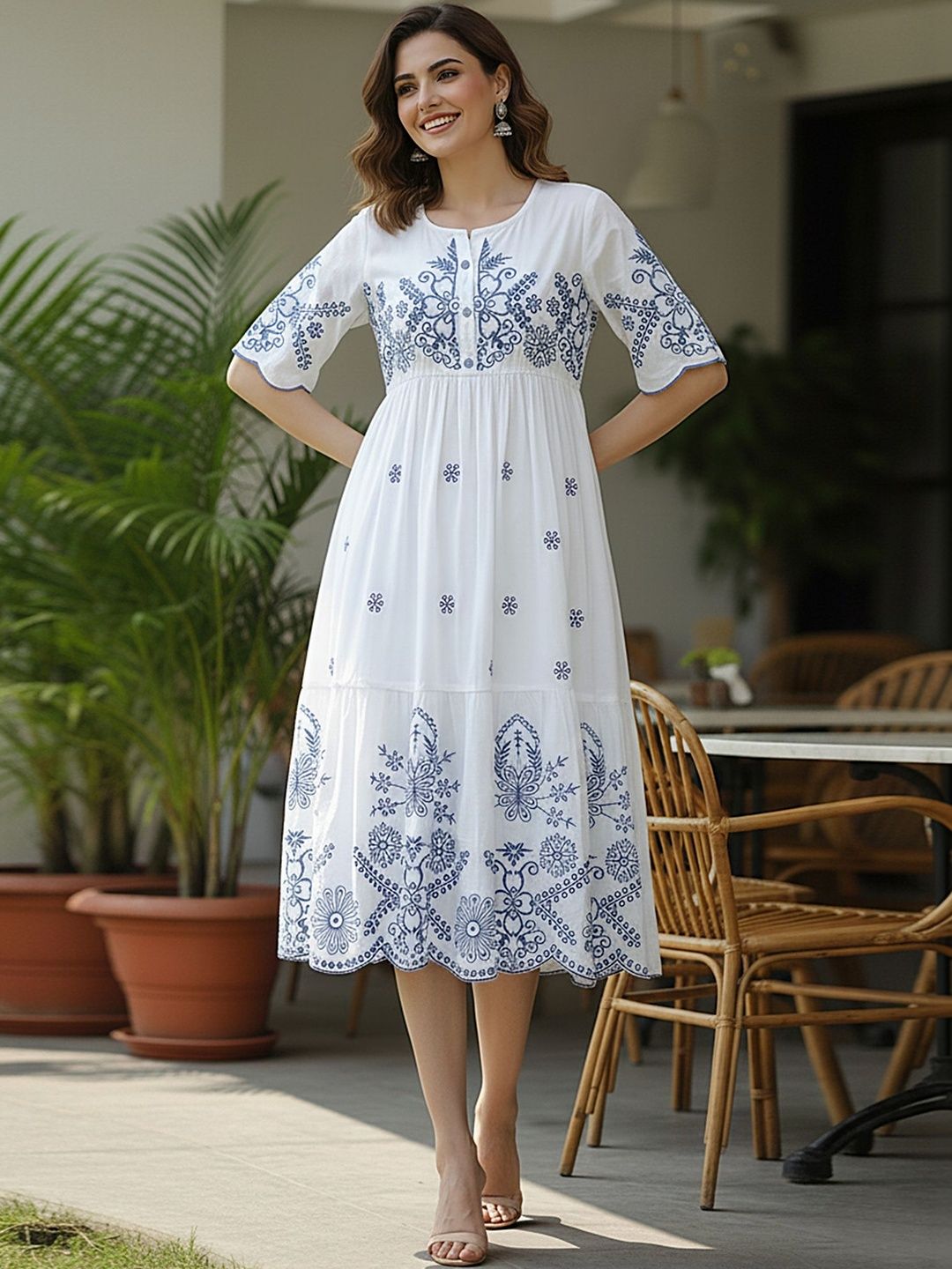Ivory Blue Embroidered A-Line Cotton Midi Dress
