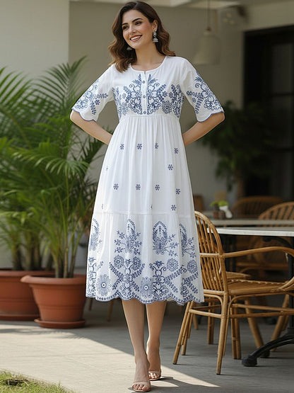 Ivory Blue Embroidered A-Line Cotton Midi Dress