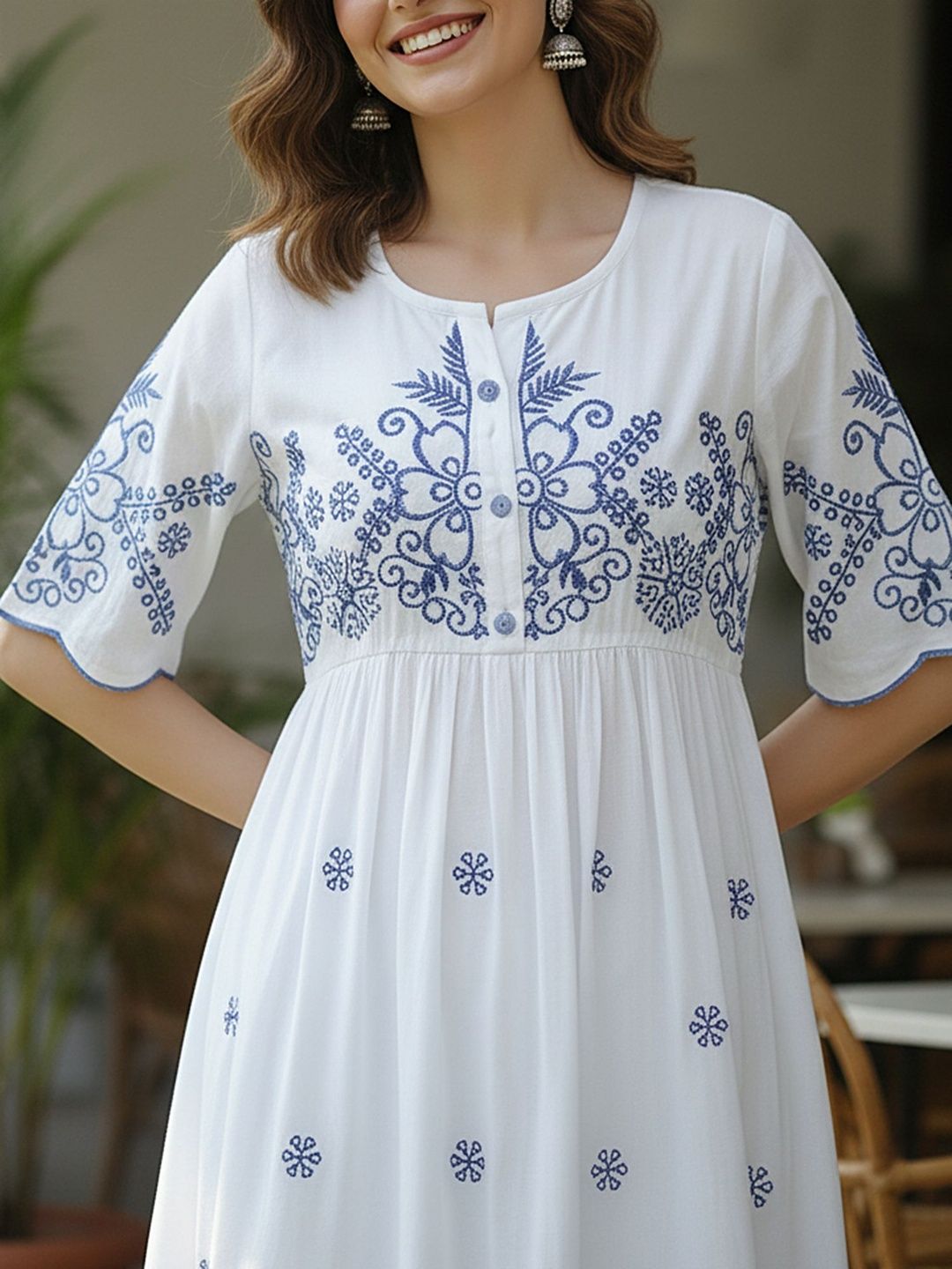 Ivory Blue Embroidered A-Line Cotton Midi Dress