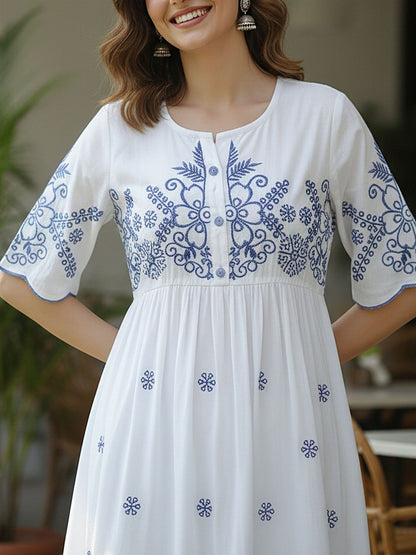 Ivory Blue Embroidered A-Line Cotton Midi Dress