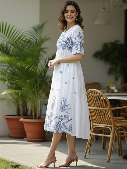 Ivory Blue Embroidered A-Line Cotton Midi Dress
