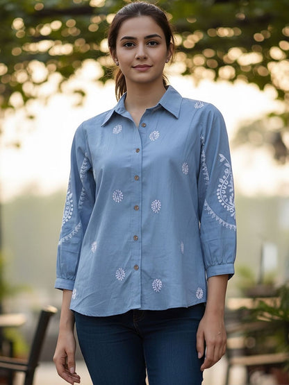 Blue Ethnic Motif Embellished Casual Shirt