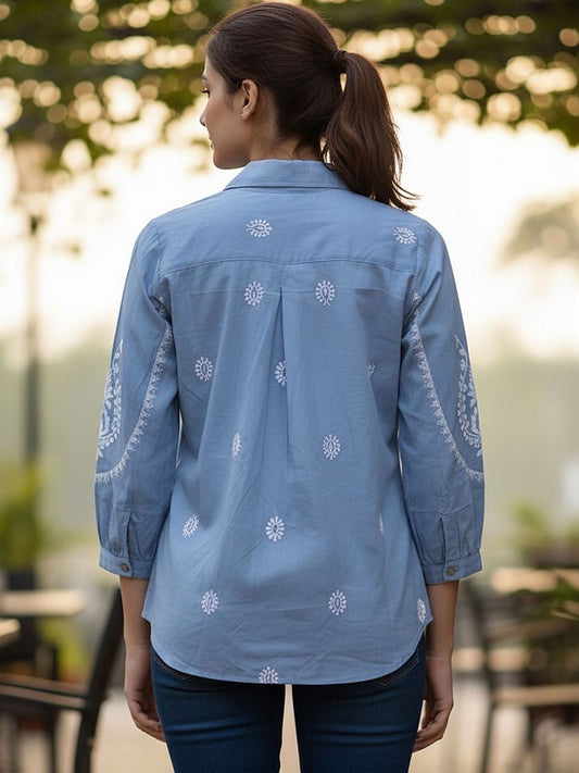 Blue Ethnic Motif Embellished Casual Shirt