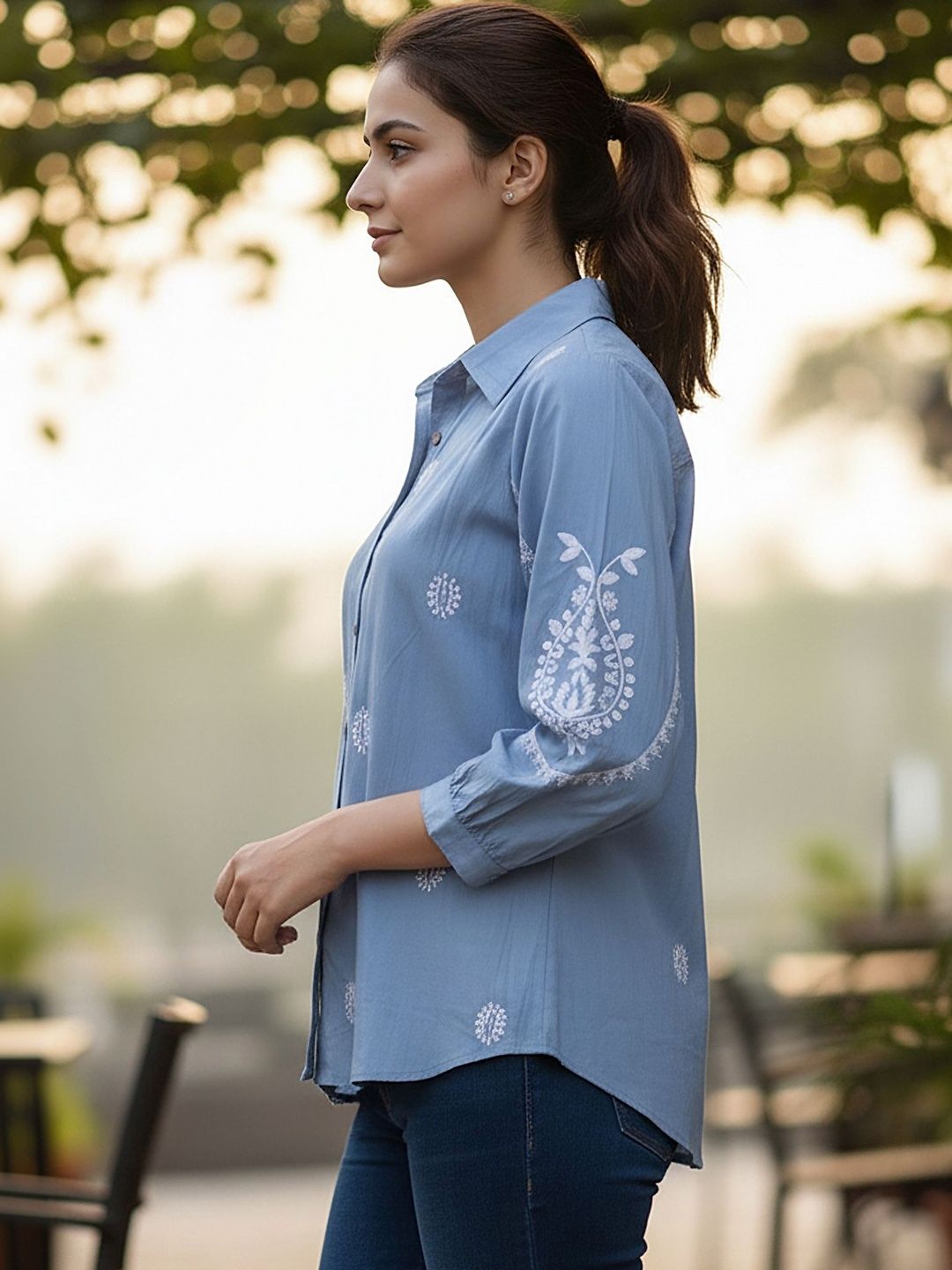 Blue Ethnic Motif Embellished Casual Shirt