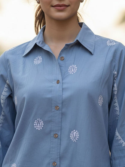 Blue Ethnic Motif Embellished Casual Shirt