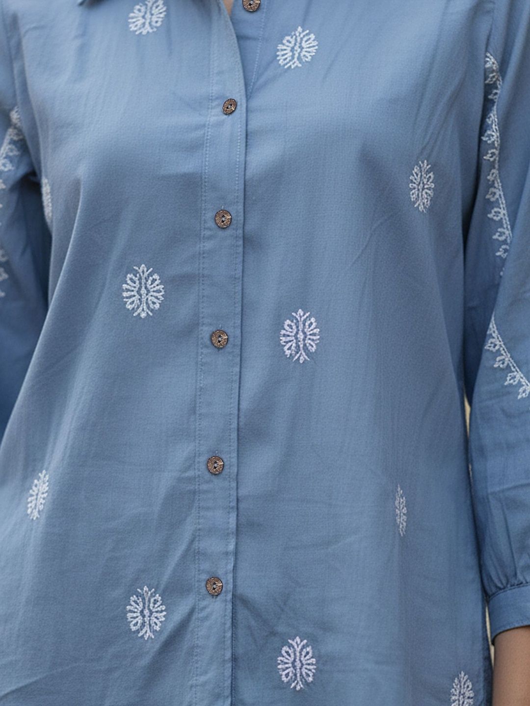 Blue Ethnic Motif Embellished Casual Shirt