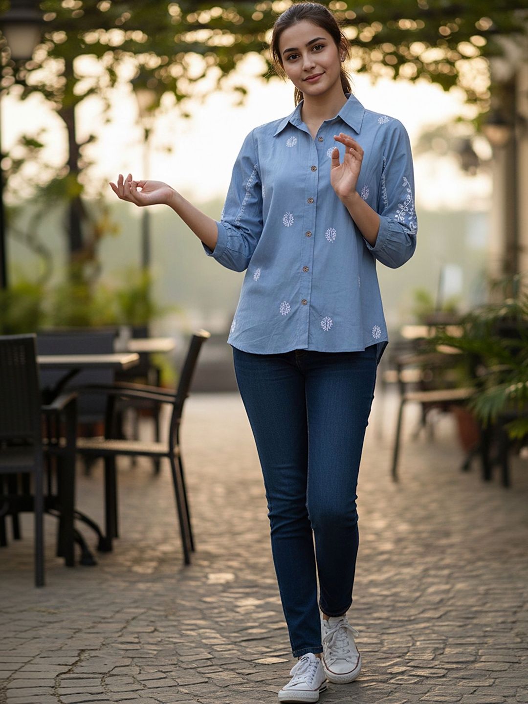 Blue Ethnic Motif Embellished Casual Shirt