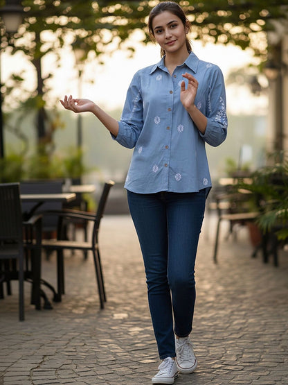 Blue Ethnic Motif Embellished Casual Shirt