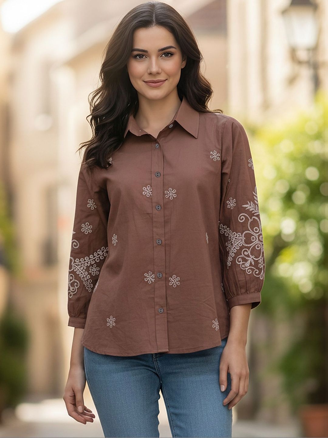 Embroidered Floral Shirt with Three-Quarter Sleeves