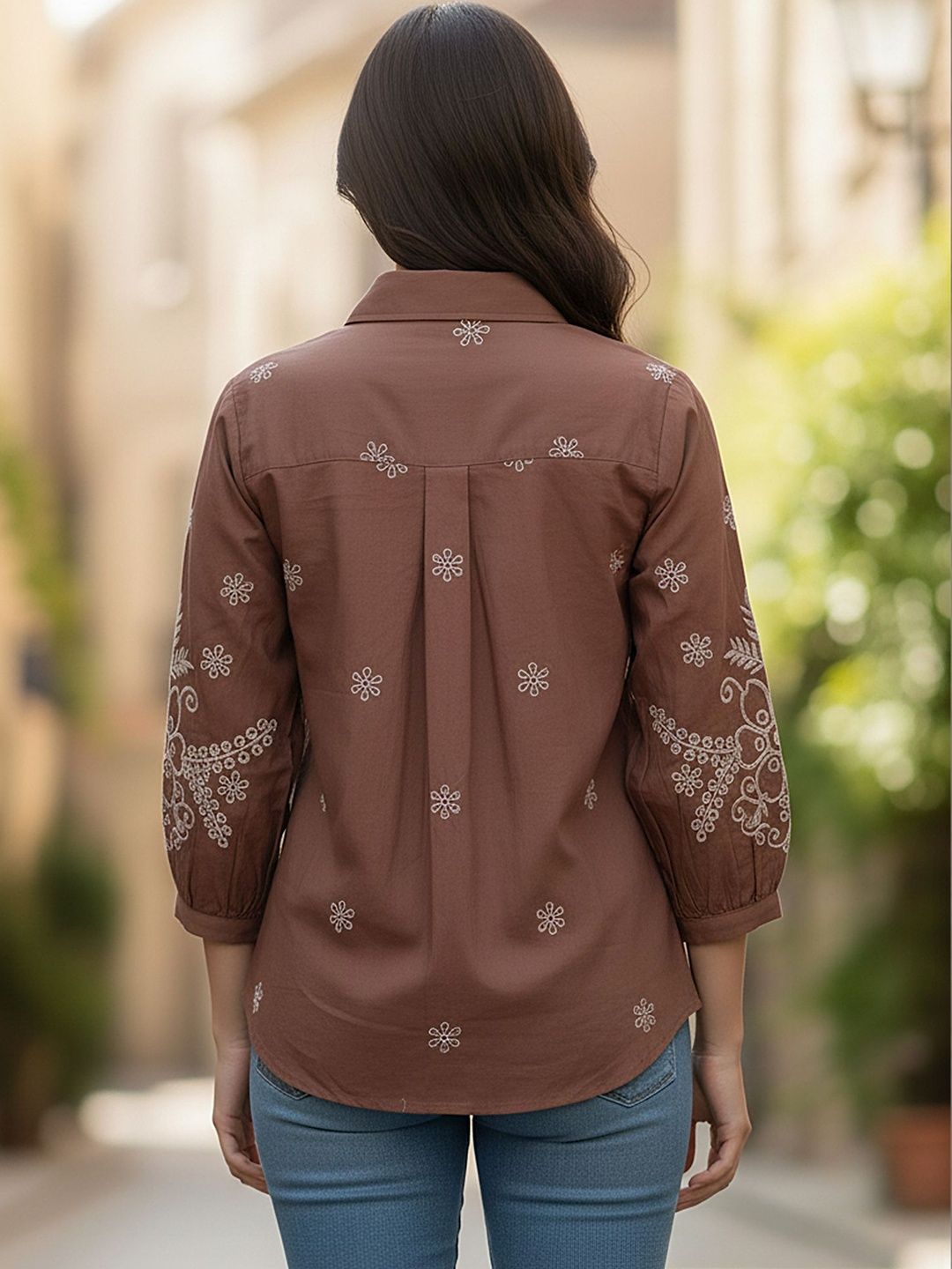 Embroidered Floral Shirt with Three-Quarter Sleeves