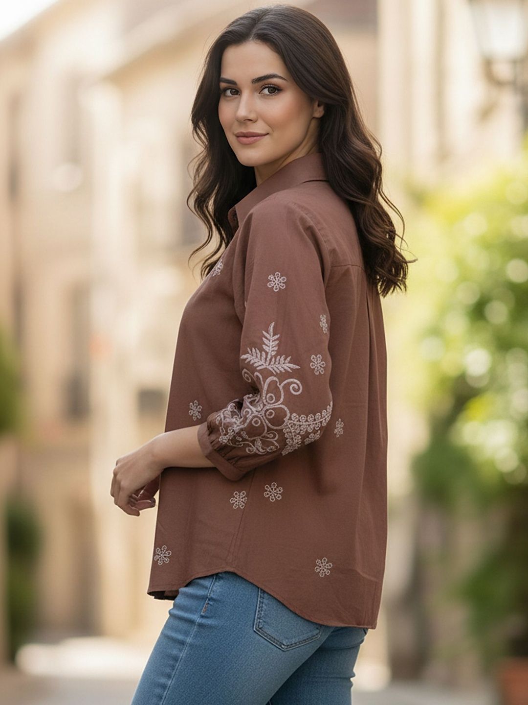 Embroidered Floral Shirt with Three-Quarter Sleeves