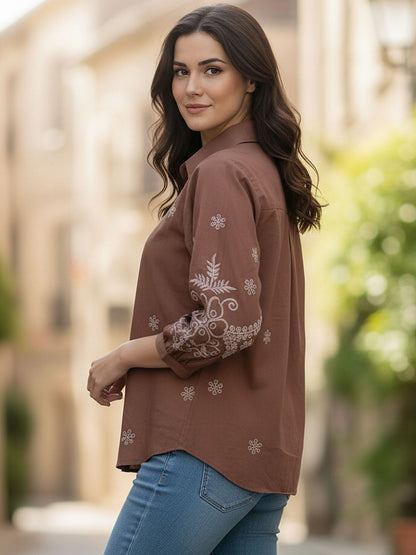 Embroidered Floral Shirt with Three-Quarter Sleeves