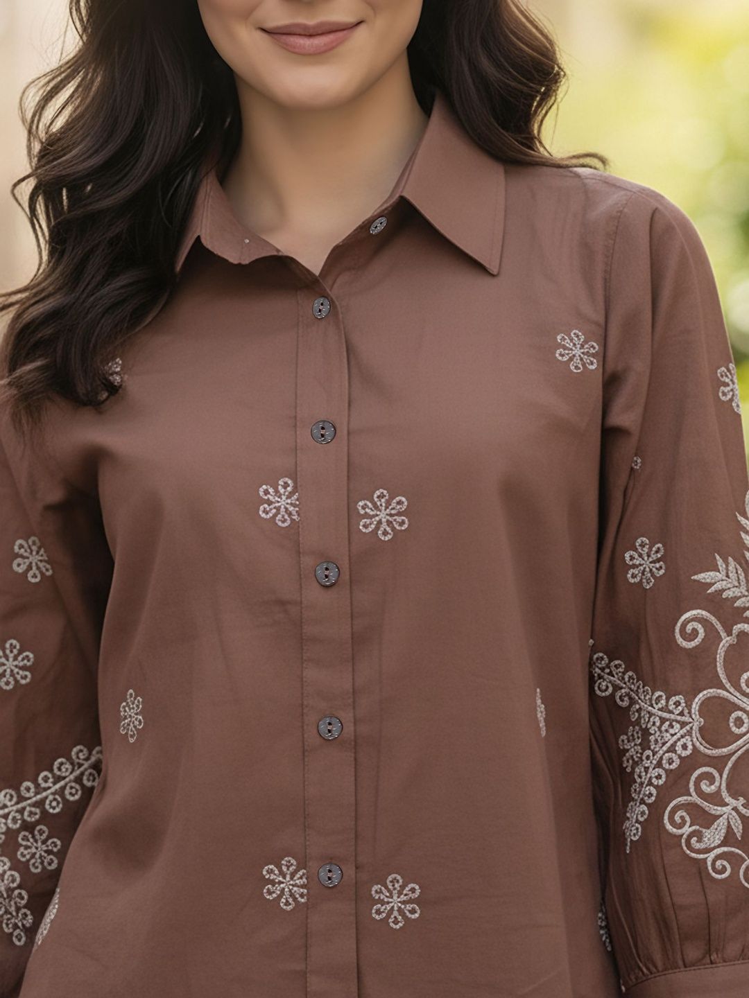 Embroidered Floral Shirt with Three-Quarter Sleeves