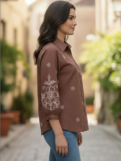 Embroidered Floral Shirt with Three-Quarter Sleeves