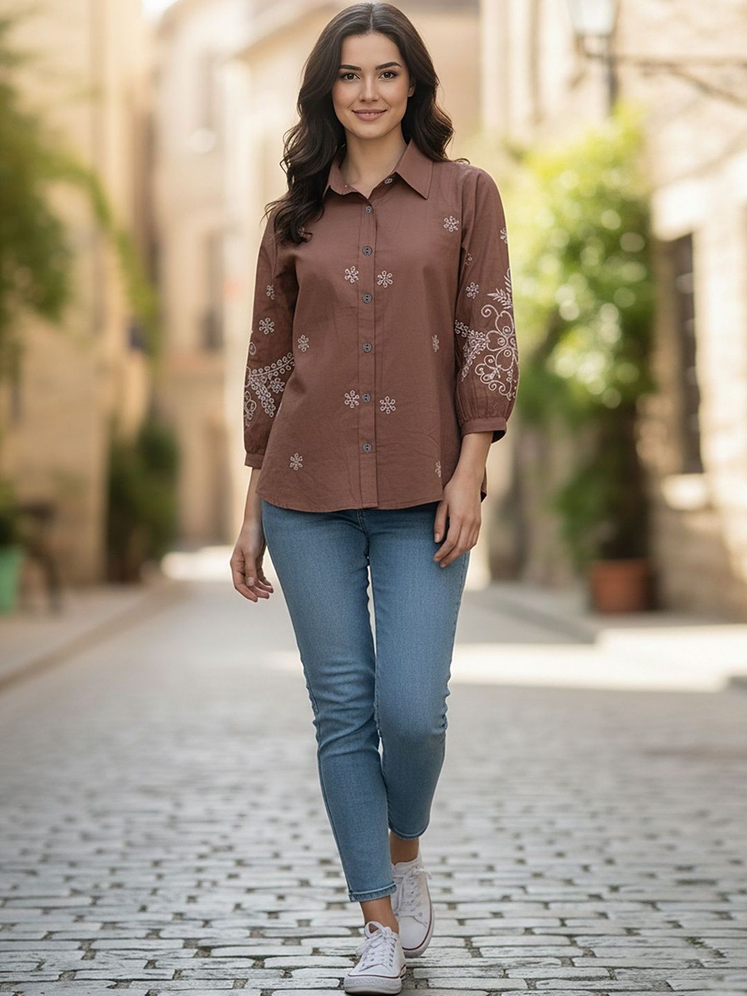 Embroidered Floral Shirt with Three-Quarter Sleeves