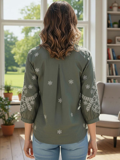 Embroidered Floral Shirt with Three-Quarter Sleeves