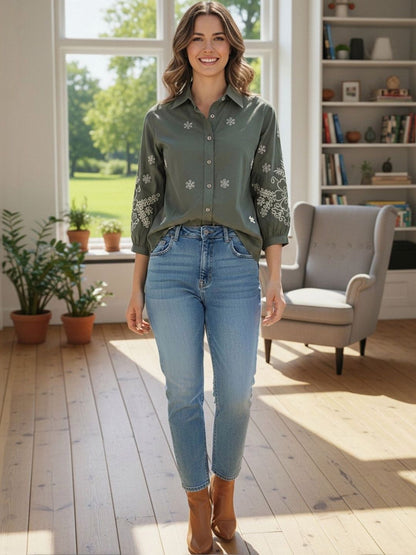 Embroidered Floral Shirt with Three-Quarter Sleeves